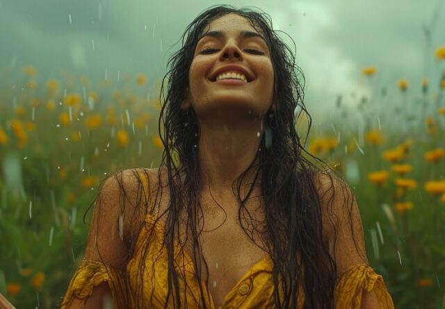 A woman stands in the rain, surrounded by nature, symbolizing acceptance and surrender.