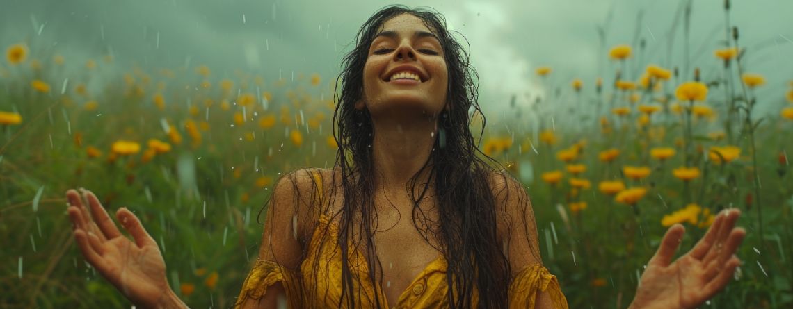 A woman stands in the rain, surrounded by nature, symbolizing acceptance and surrender.